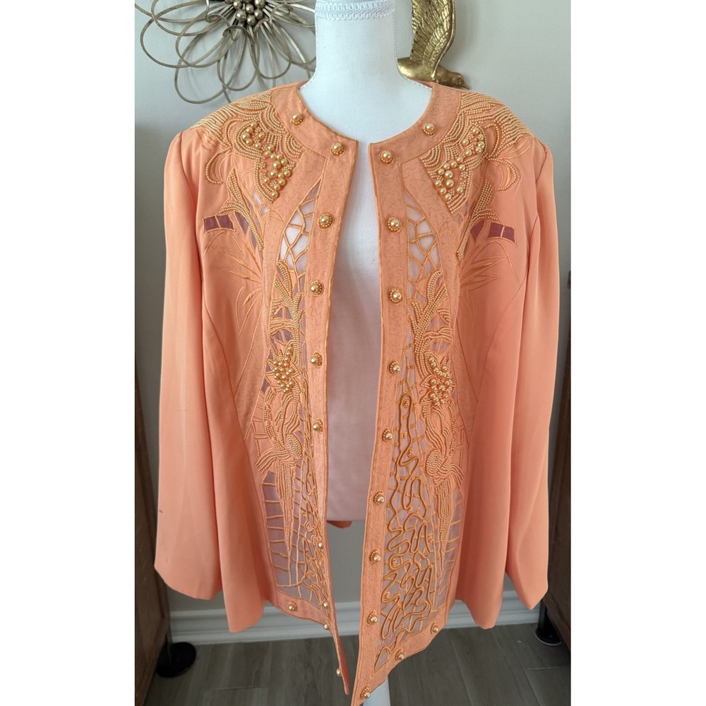Vintage Beaded Peach Jacket Womens 22 Sheer Cutout Pearl Embellished Top